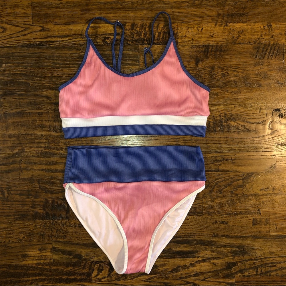 Swimsuit Bikini High Waist Color Block Pink/Blue Ribbed Size Large